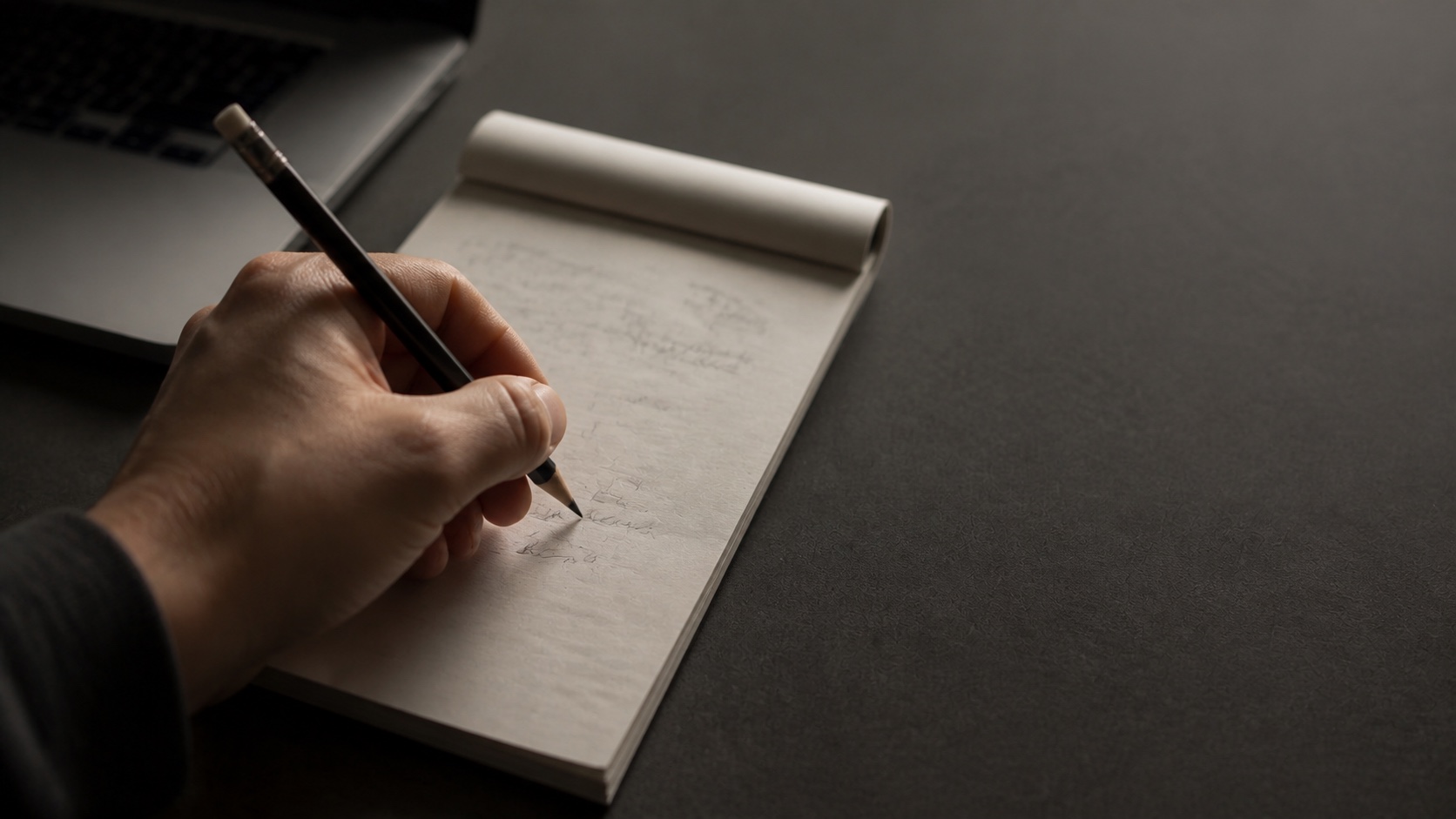 A hand drawing ideas beside a laptop